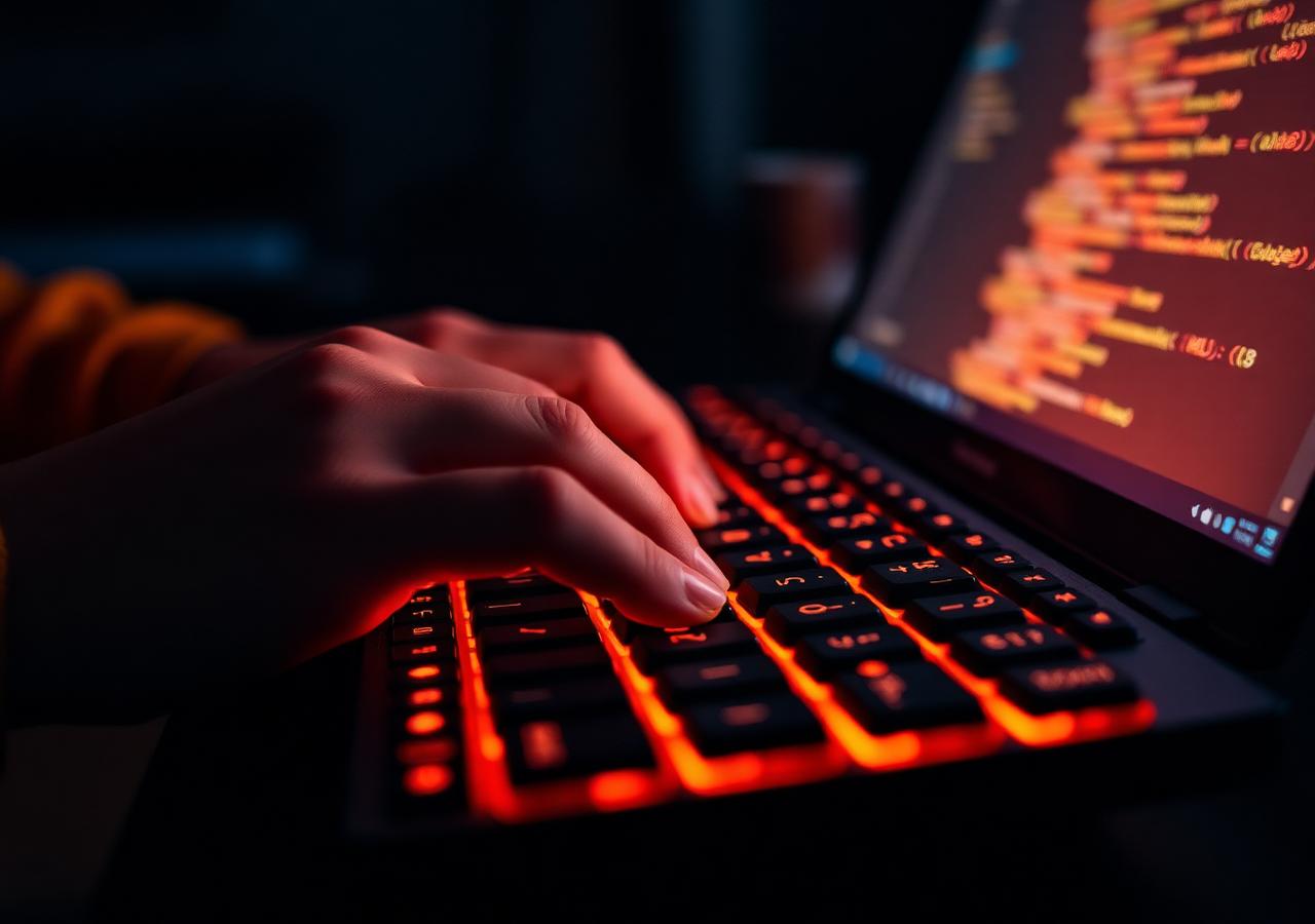 Hands on a backlit mechanical keyboard with code on screen