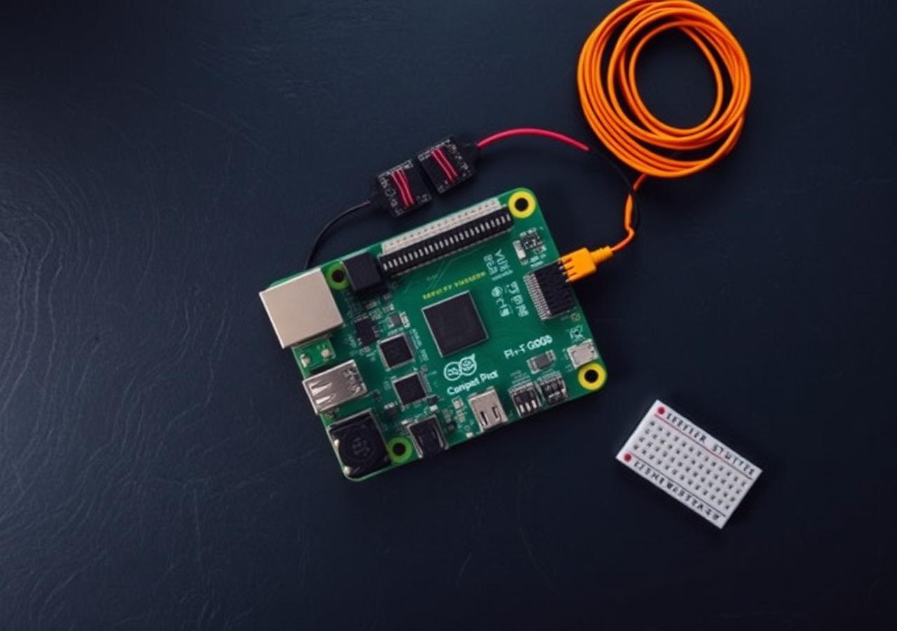 Raspberry Pi single board with wired sensors on a slate surface