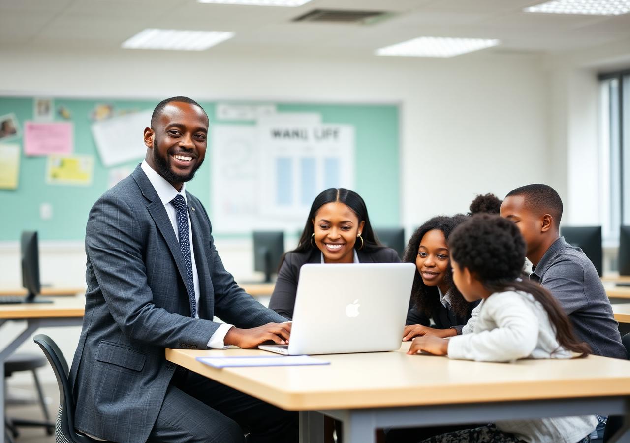 Senior educator mentoring students in a school computer lab